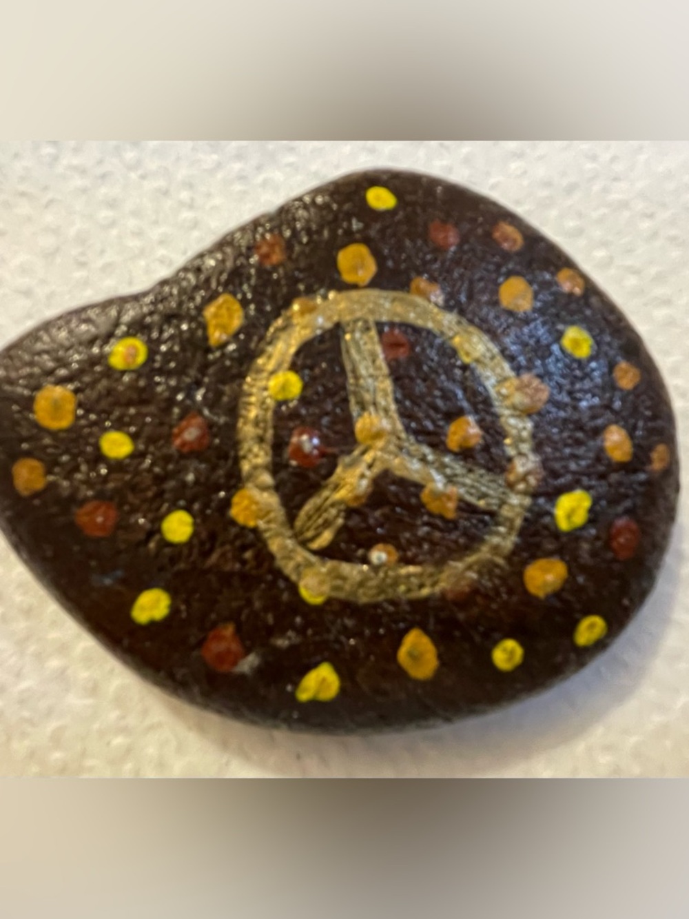 Hand-Painted Peace Sign  Rock - Brown with Gold Dots..0.27 lb. (1/4 pound)..